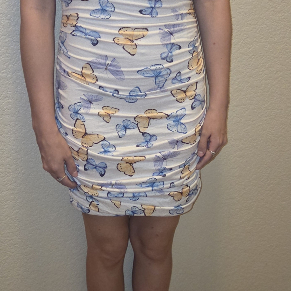 Windsor Blue and Beige Butterfly Backless Dress